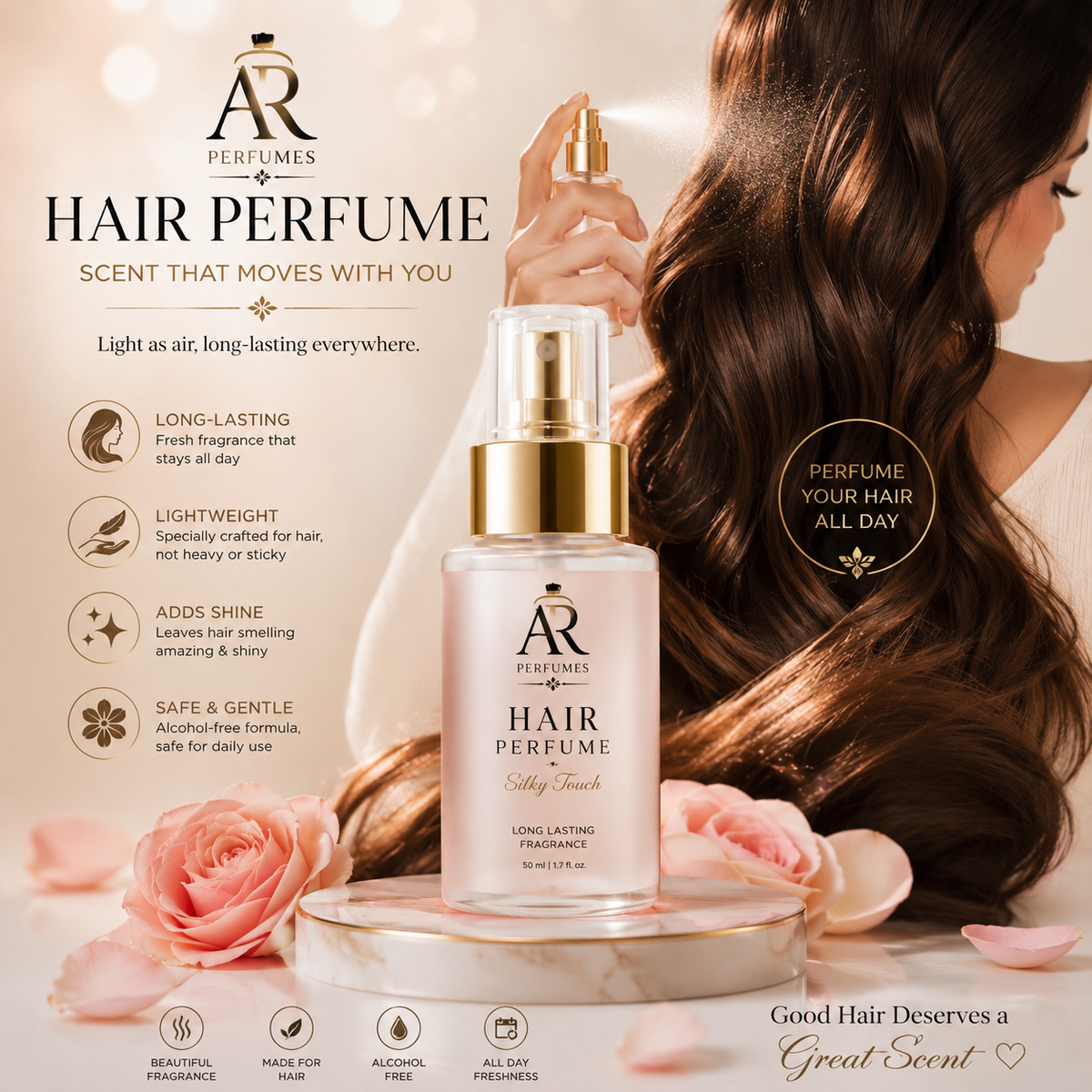 Silky Touch Hair Perfume for Women – Long Lasting Fragrance Mist for Hair | AR Perfumes